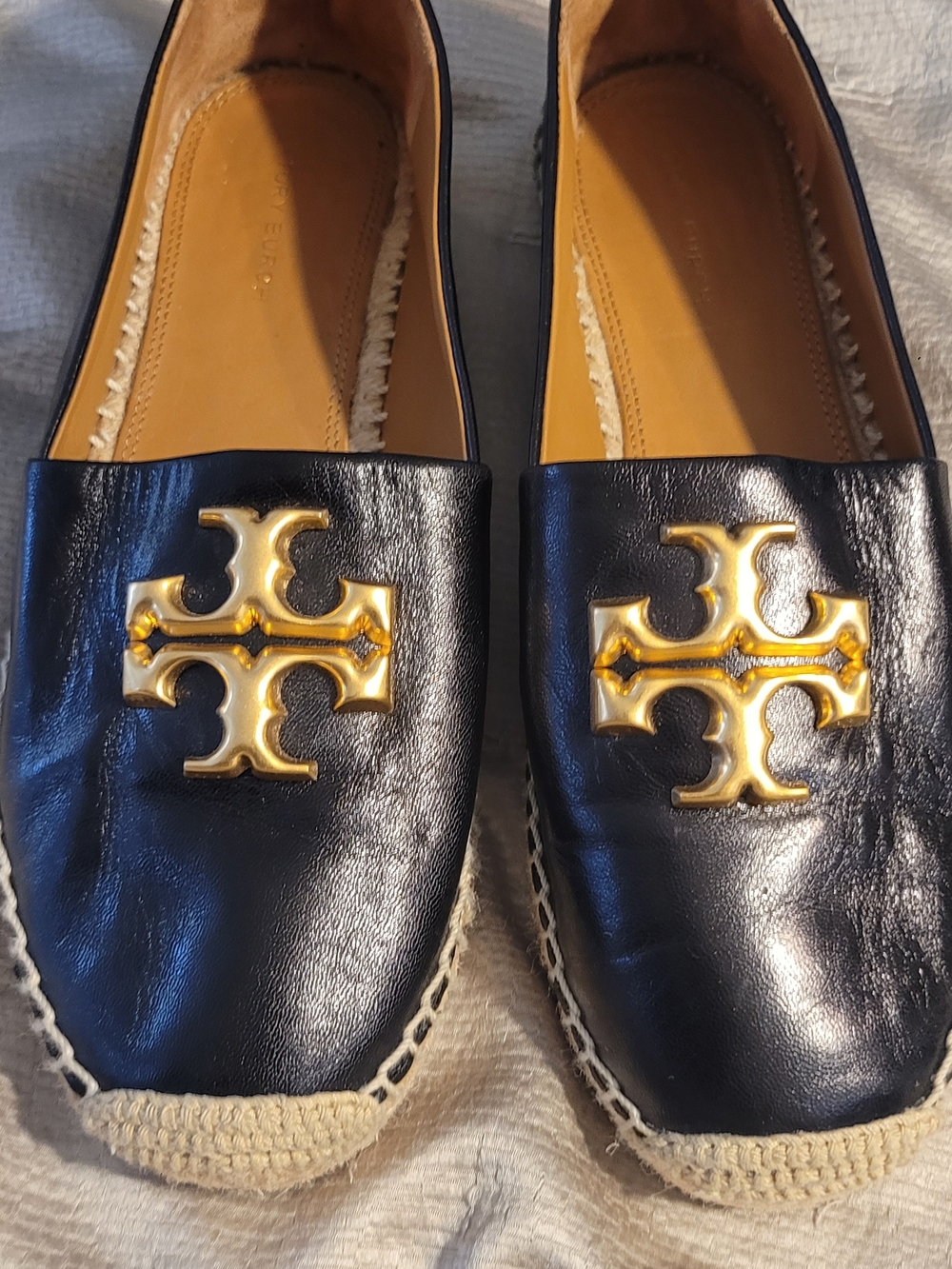 Tory Burch Black Leather Espadrille Flats with Gold Logo